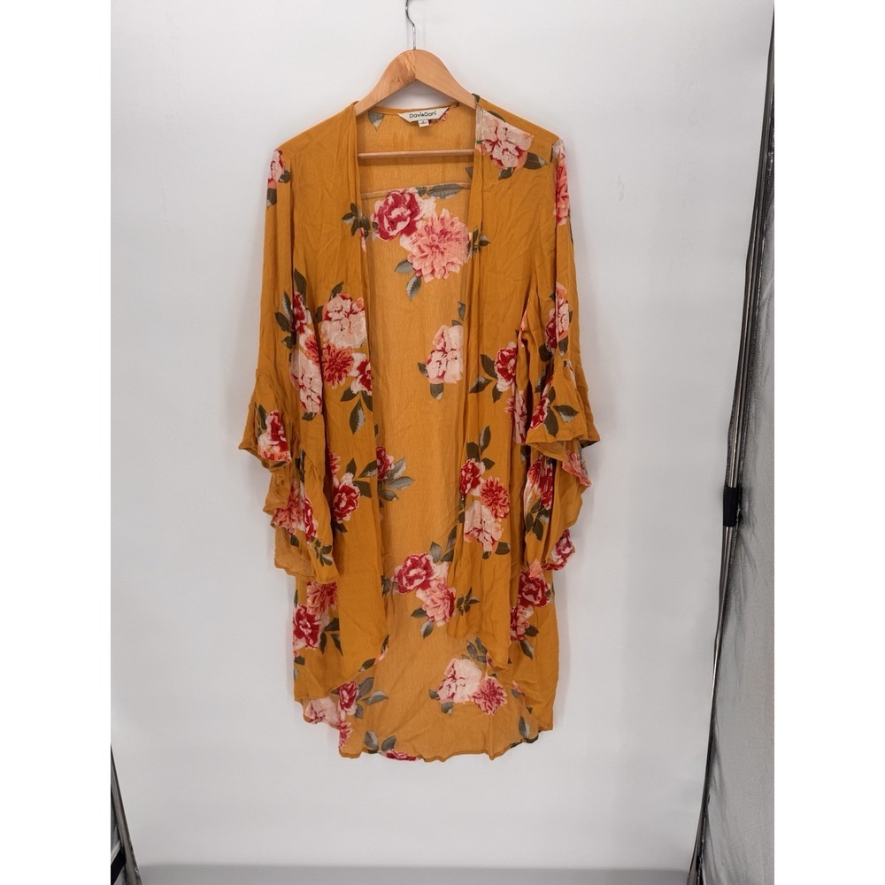 Davi & Dani Yellow Floral Kimono, Size Small 3/4 Flutter Sleeve‎ Boho Chic Fairy